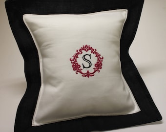 Damask Single Initial Monogram Embroidered Hemstitched Pillow Cover