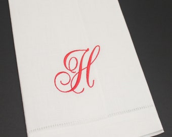 Single Initial Script Monogram Embroidered Linen Hemstitched Kitchen Bath Guest Hand Fingertip Towel