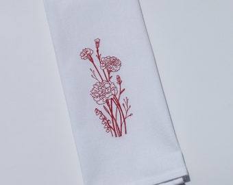 Carnation Flowers Embroidered Cotton Kitchen Dish Hand Tea Towel