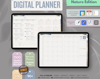 Undated Digital Planner All-In-One Academic : Hyperlinked Life Organizer, minimalist, Hobonichi (Goodnotes, iPad, Android)