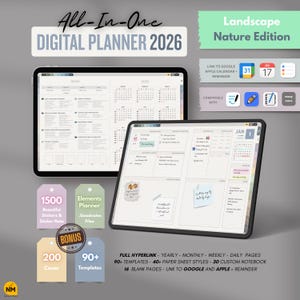 May include: Two digital planners on a gray background. The top planner displays a yearly calendar, while the bottom planner shows a daily page. Text includes "All-In-One DIGITAL PLANNER 2026" and "Landscape Nature Edition". Additional tags highlight features like stickers and templates.
