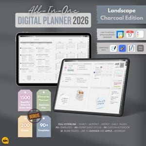 Könnte beinhalten: Zwei digitale Tablets, die einen digitalen Planer anzeigen. Das obere Tablet zeigt eine Kalenderansicht, während das untere Tablet ein Tagesplaner-Layout mit Notizen anzeigt. Der Text enthält "All-In-One DIGITAL PLANNER 2026" und "Landscape Charcoal Edition."