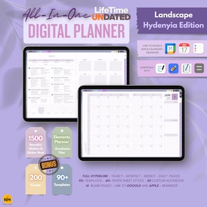May include: Two digital tablets displaying a digital planner interface. The top tablet shows a calendar view, while the bottom tablet displays a grid layout. Text includes "All-In-One Digital Planner," "Lifetime Undated," and "Landscape Hydenyia Edition."