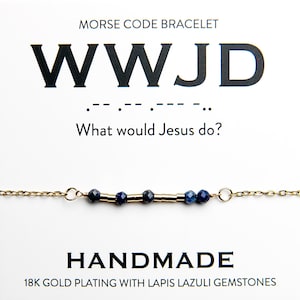 What Would Jesus Do 18K Gold Plate and Lapis Lazuli Morse Bracelet  | Womens Christian Gold & Blue Bead Bracelet | WWJD Faith Gift For Her