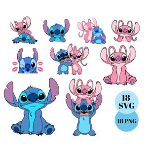 Puede incluir: Colección de ilustraciones de personajes de dibujos animados en azul y rosa. Los personajes están en varias poses, incluyendo abrazos, guiños y sentados. La imagen incluye el texto "18 SVG" y "18 PNG".