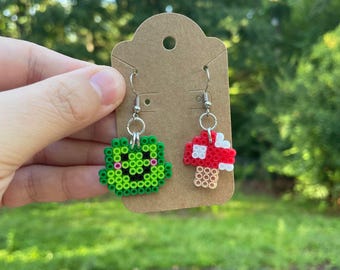 Frog & Mushroom Earrings | Mini Perler Beads | Cottagecore Earrings | Nature Lovers