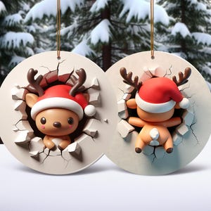 Cute 3D Effect Reindeer Christmas Ornament,  Break through Reindeer Ornament, Christmas Gift, Christmas Ornament, Christmas Round Ornament
