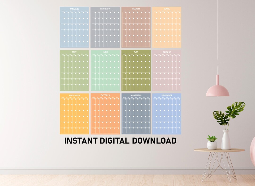 Large Monthly Wall Calendar Printable Bright, Pastel Wall Planner 2025
