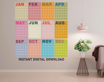 Large Monthly Wall Calendar Printable Bright, Undated Wall Calendar, Minimalist Calendar, Monthly Wall Planner, Pastel Wall Planner