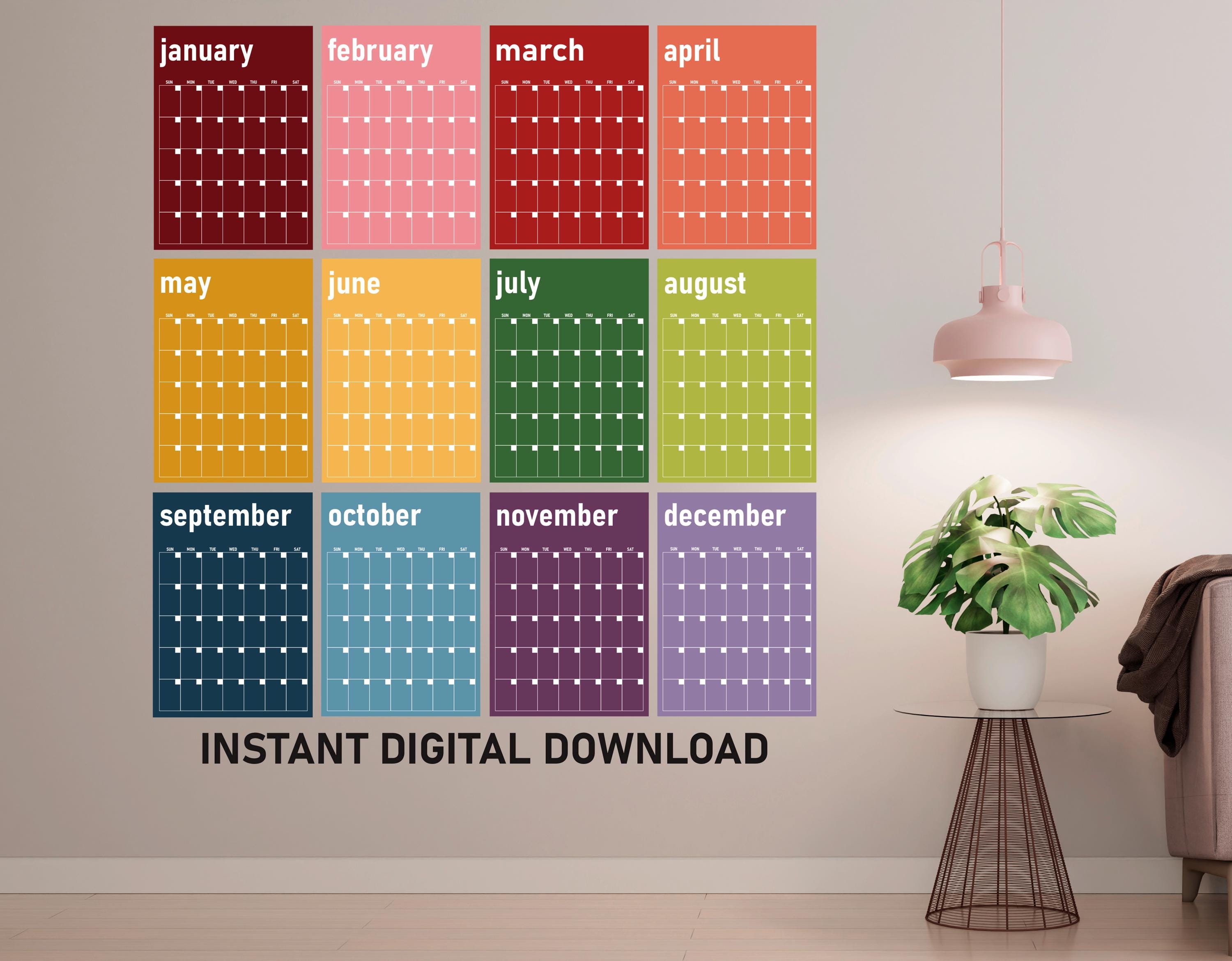 Large Monthly Wall Calendar Printable Bright, Undated Wall Calendar
