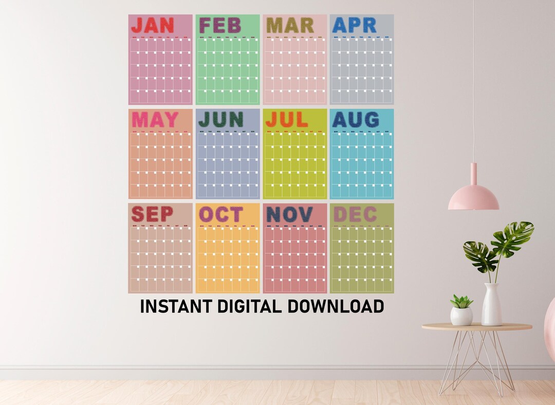 Large Monthly Wall Calendar Printable Bright, Undated Wall Calendar ...