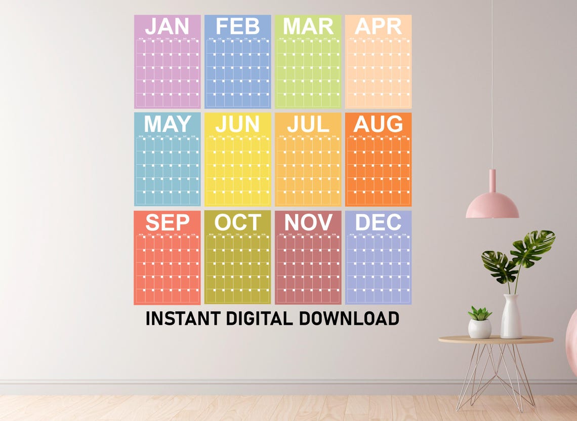 Large Monthly Wall Calendar Printable Bright, Pastel Wall Planner 2025
