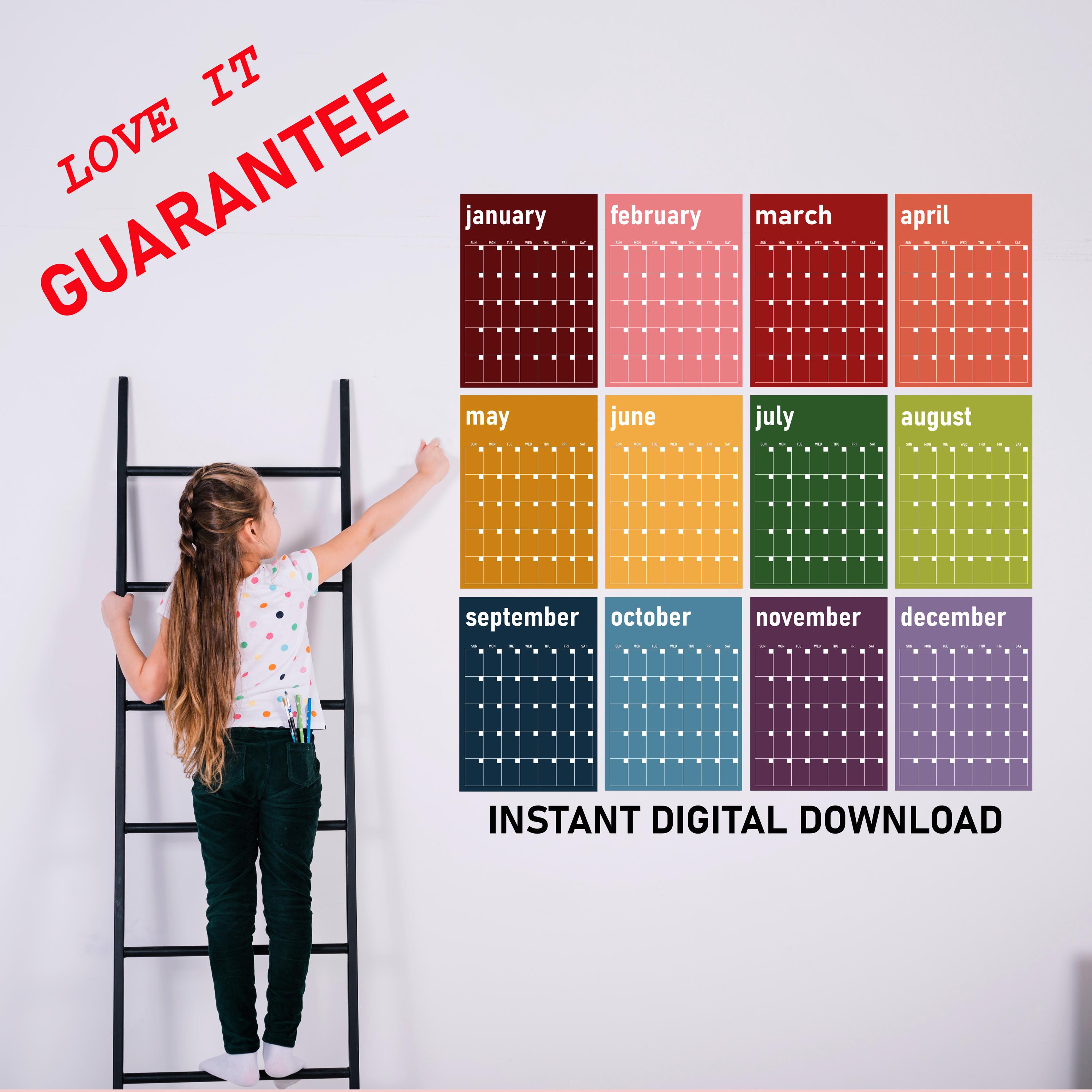 Large Monthly Wall Calendar Printable Bright, Undated Wall Calendar