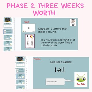 Puede incluir: Material educativo con el texto "PHASE 2 THREE WEEKS WORTH". La imagen incluye diapositivas con las palabras "tell", "lots" y "luck". Una diapositiva explica los dígrafos, y otra dice "Let's read it together!" con un logo de Bug Club.