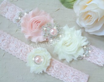 Blush Garter Set, Pink Garter Set, Wedding Garter Set, Rhinestone garter,Ivory Garter Set, White Garter Set,Vintage Inspired Garter Set