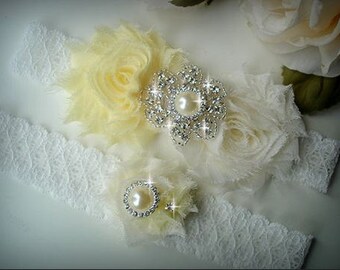 Wedding Garter Set, Ivory Stretch Lace Garter, Rhinestone garter,Vintage Inspired Garter Set,Yellow Garter Set