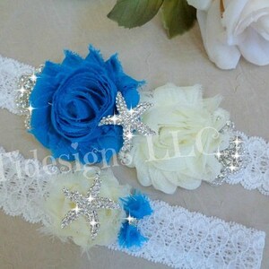 Malibu Blue/Peacock Blue Wedding Garter Set, Beach Weddig Garter, Bridal Garter, Ivory Garter, Vintage Inspired Garter Set,  Blue Garter Set
