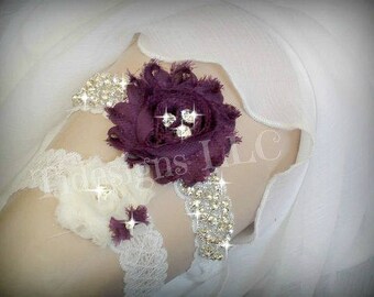 Luxury Garter Set/Eggplant Purple, Wedding Garter Set, Ivory Stretch Lace Garter, Rhinestone garter, Purple Flower Garter Set