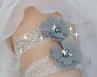 Gray Garter Set, Wedding Garter Set, Ivory Garter, Rhinestone garter,Vintage Inspired Garter Set