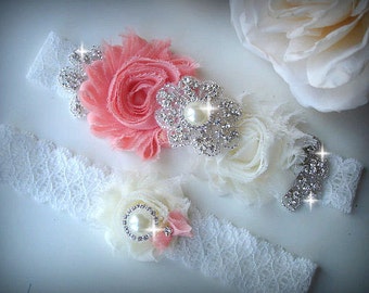 Wedding Garter Set, Ivory Stretch Lace Garter, Rhinestone garter,Vintage Inspired Garter Set, Coral/Peach Garter Set