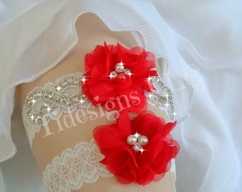 Red Garter Set, Wedding Garter Set, Ivory Garter, Rhinestone garter,Vintage Inspired Garter Set