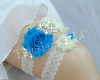 Peacock/ Malibu Blue Garter Set / Wedding Garter Set, Rhinestone garter,Vintage Inspired Garter Set,Something Blue