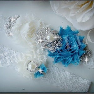 Peacock/ Malibu Blue Garter Set / Wedding Garter Set, Rhinestone garter,Vintage Inspired Garter Set,Something Blue
