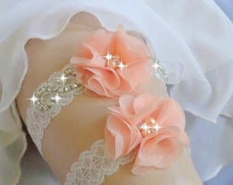 Light Peach Garter Set, Peach Blush, Wedding Garter Set, Ivory Garter, Rhinestone garter,Vintage Inspired Garter Set