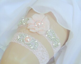 Blush Garter Set, Pink Garter Set, Wedding Garter Set, Rhinestone garter,Vintage Inspired Garter Set