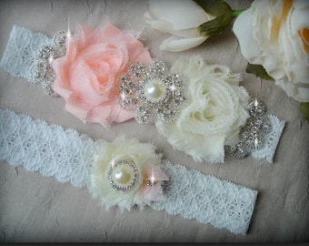 SALE / Wedding Garter Set, Ivory Stretch Lace Garter, Rhinestone garter, Light Peach Garter Set