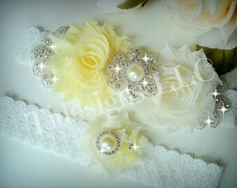 Bridal Garter Set, Wedding Garter Set, Ivory Stretch Lace Garter, Rhinestone garter,Vintage Inspired Garter Set, Yellow Garter Set