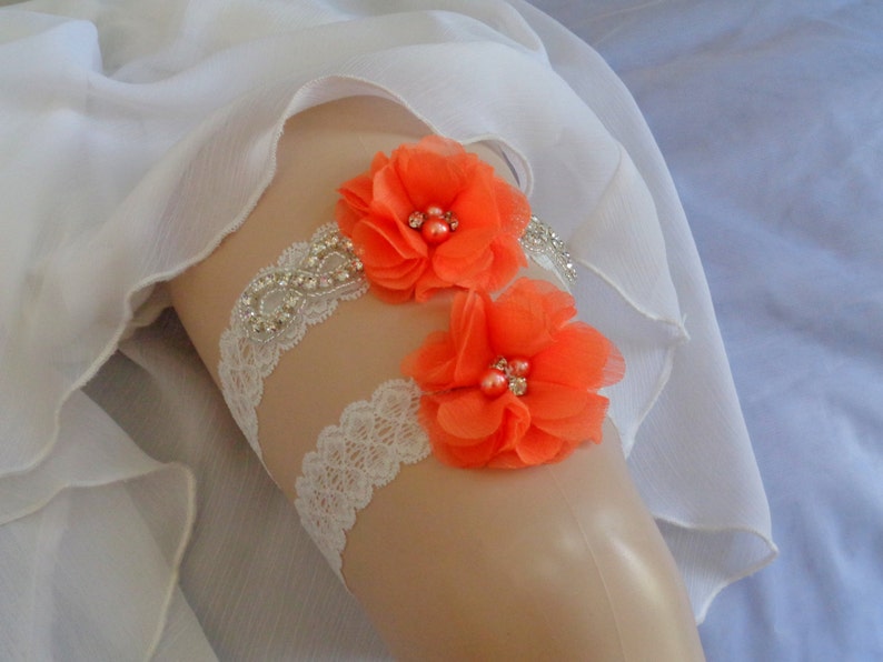 Bright Orange Garter Set Rhinestone garter,Vintage Inspired Garter Set Ivory Garter Wedding Garter Set