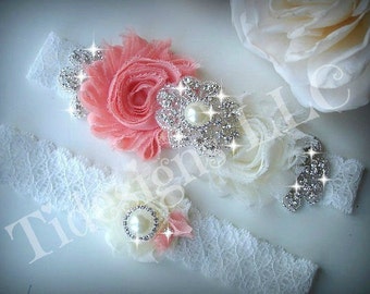 SALE / Wedding Garter Set, Ivory Stretch Lace Garter, Rhinestone garter, Peach Garter Set