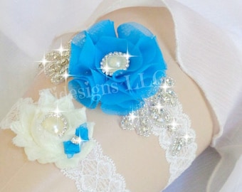 Malibu/Peacock Blue Garter Set, Ivory Stretch Lace Garter, Rhinestone garter,Vintage Inspired Garter Set, Blue Garter Set