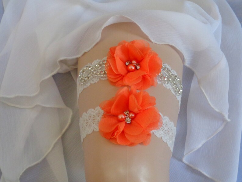 Bright Orange Garter Set Rhinestone garter,Vintage Inspired Garter Set Ivory Garter Wedding Garter Set