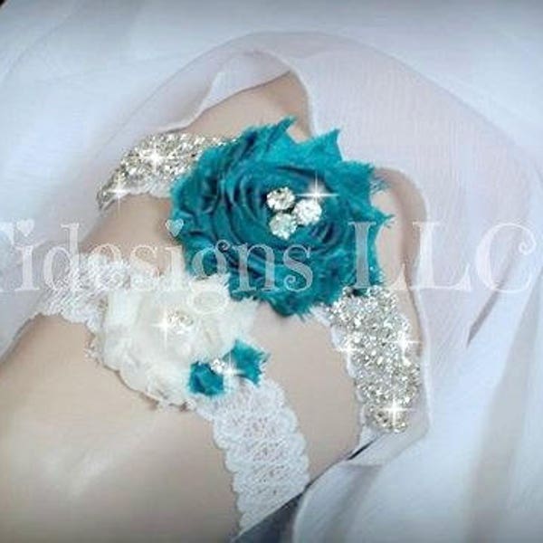 Luxury Garter Set/Wedding Garter Set, Ivory Stretch Lace Garter, Rhinestone garter, Teal Flower Garter Set