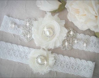 SALE / Wedding Garter Set, Ivory Stretch Lace Garter, Rhinestone garter,Vintage Inspired Garter Set