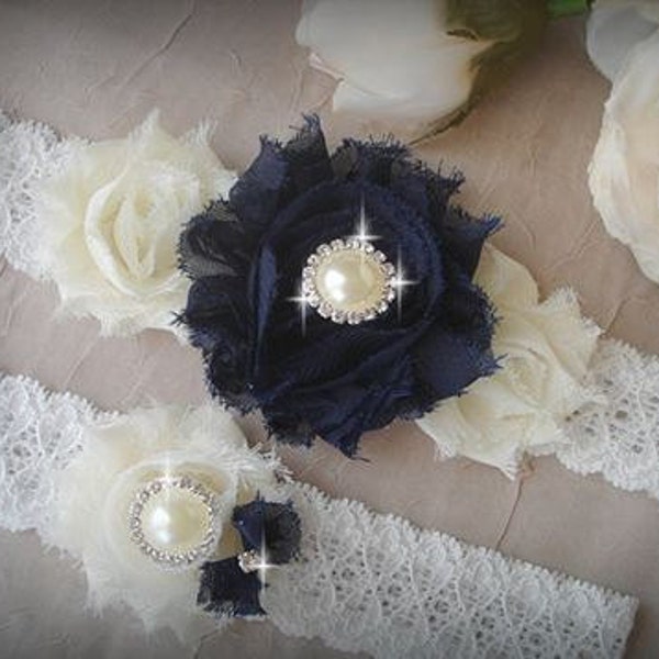 Navy Blue Garter set, Wedding Garter Set, Swarovski Crystal garter, Flower Garter, Ivory Bridal Garter Set