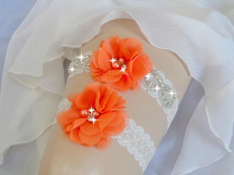 Bright Orange Garter Set Rhinestone garter,Vintage Inspired Garter Set Ivory Garter Wedding Garter Set