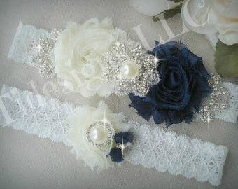 Navy Blue Garter Set / Wedding Garter Set, Rhinestone garter,Vintage Inspired Garter Set,Something Blue