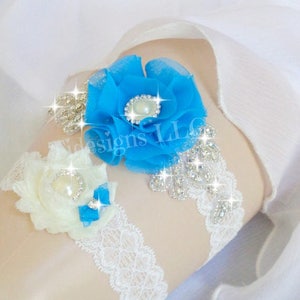 Malibu/Peacock Blue, Bridal Garter Set,Wedding Garter Set, Rhinestone garter,Vintage Inspired Garter Set, Blue Garter Set