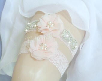 Blush Garter Set, Pink Garter Set, Wedding Garter Set, Rhinestone garter,Vintage Inspired Garter Set