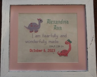 Baby Girl Dinosaur Birth Announcement- counted cross stitch chart - downloadable chart
