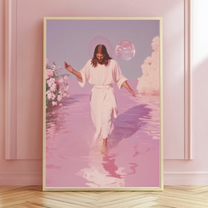 Póster de Jesús celestial caminando sobre el agua: arte de pared cristiano en rosa pastel, decoración espiritual para el hogar, impresión religiosa inspiradora de estilo preppy