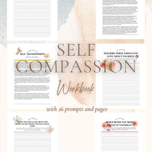 Self Compassion Digital Print self-care printable with floral design, workbook, prompts, self-esteem, positive affirmations, therapy