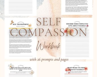 Self Compassion Digital Print self-care printable with floral design, workbook, prompts, self-esteem, positive affirmations, therapy