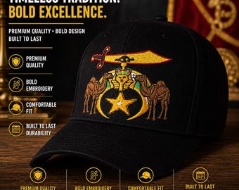 Black Shriner Noble Embroidered Hat with Camels and adjustable Velcro fitted