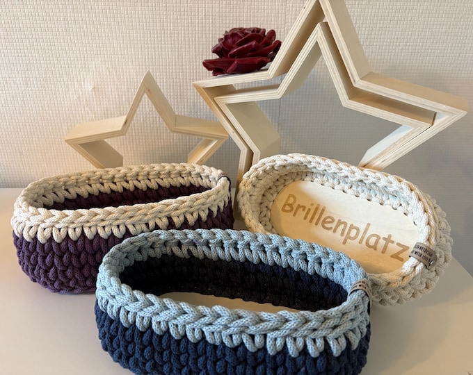 Crochet basket, glasses holder, key holder with wooden base, basket, storage, oval basket