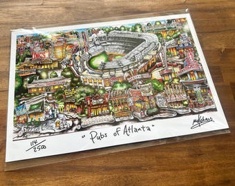 Impresión litográfica de edición limitada de Pubs of Your Town, de Brian McKelvey, sobre los pubs de béisbol de Atlanta, Georgia, en el estadio de béisbol.