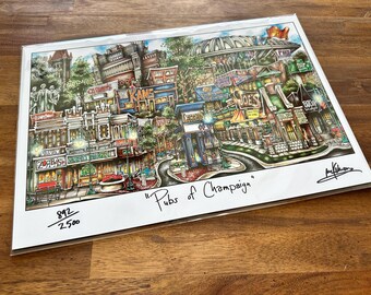 Pubs of Champaign, Illinois Football stadium Basketball arena University Limited Edition Lithograph Print Pubs